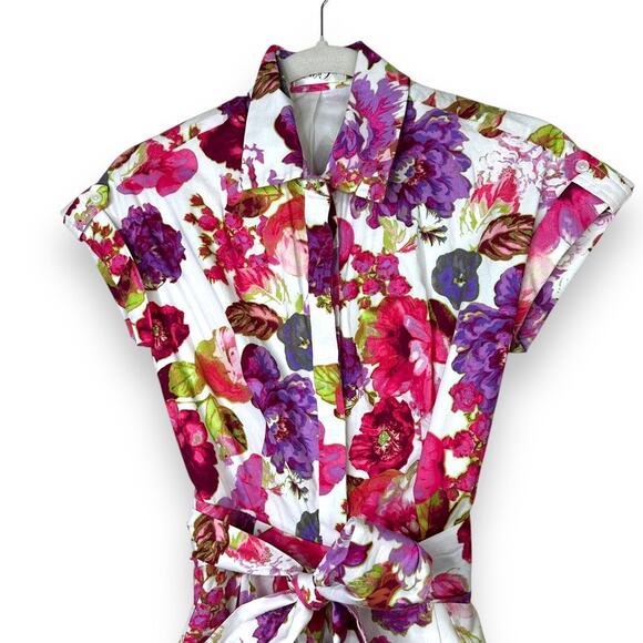 Eliza J 1950's Themed Pink Floral Collared Button Flare Skirt Midi Dress Size 0 - Picture 3 of 9